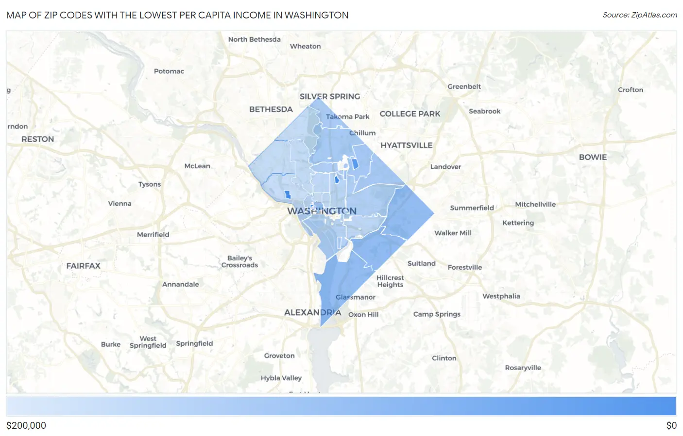 Zip Codes with the Lowest Per Capita Income in Washington Map
