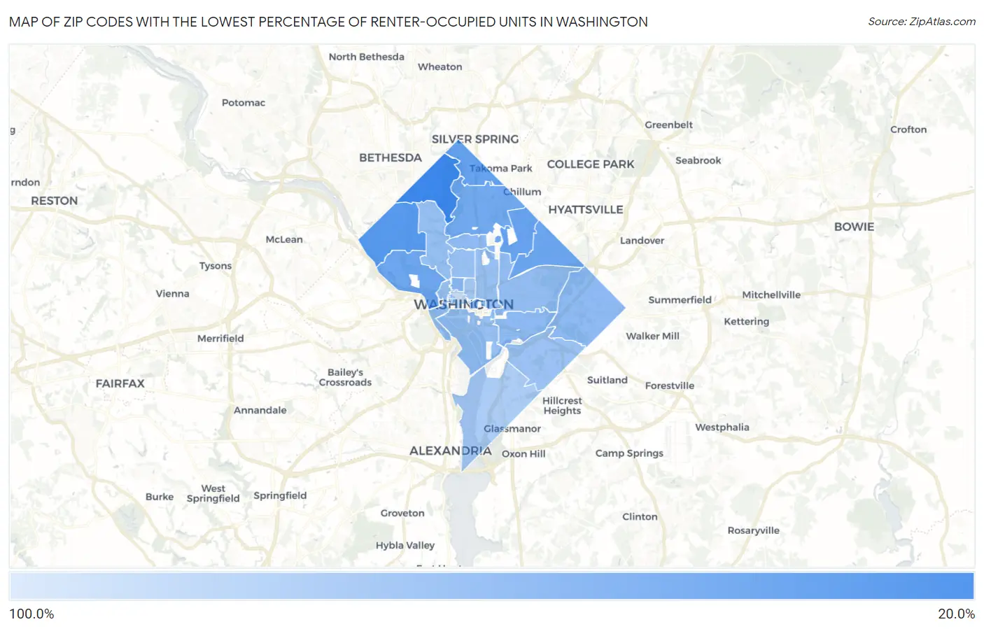 Zip Codes with the Lowest Percentage of Renter-Occupied Units in Washington Map