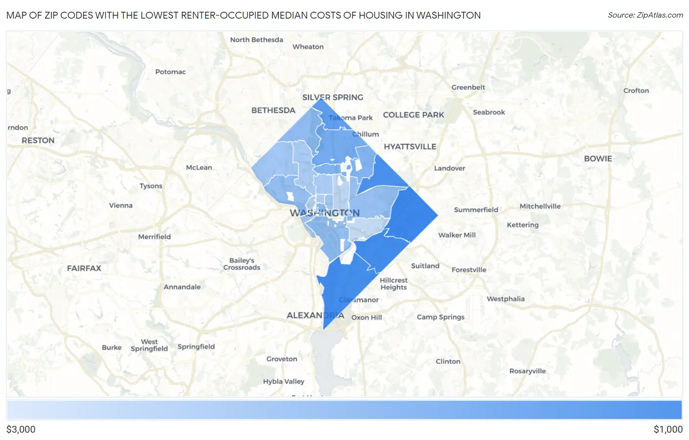 Zip Codes with the Lowest Renter-Occupied Median Costs of Housing in Washington Map