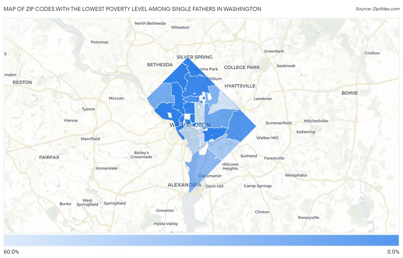 Zip Codes with the Lowest Poverty Level Among Single Fathers in Washington Map