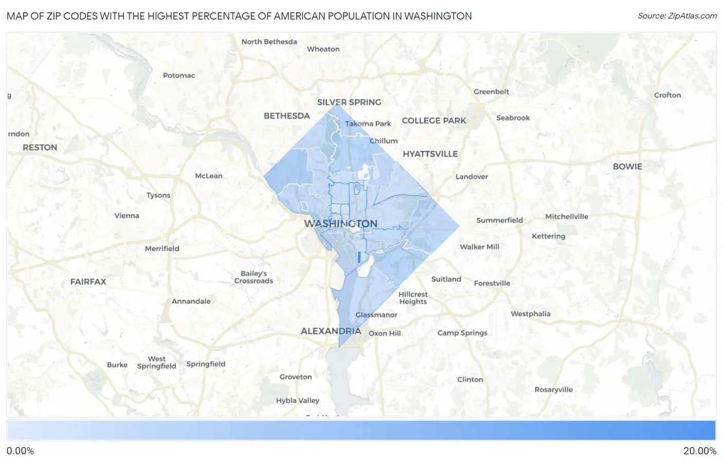 Zip Codes with the Highest Percentage of American Population in Washington Map