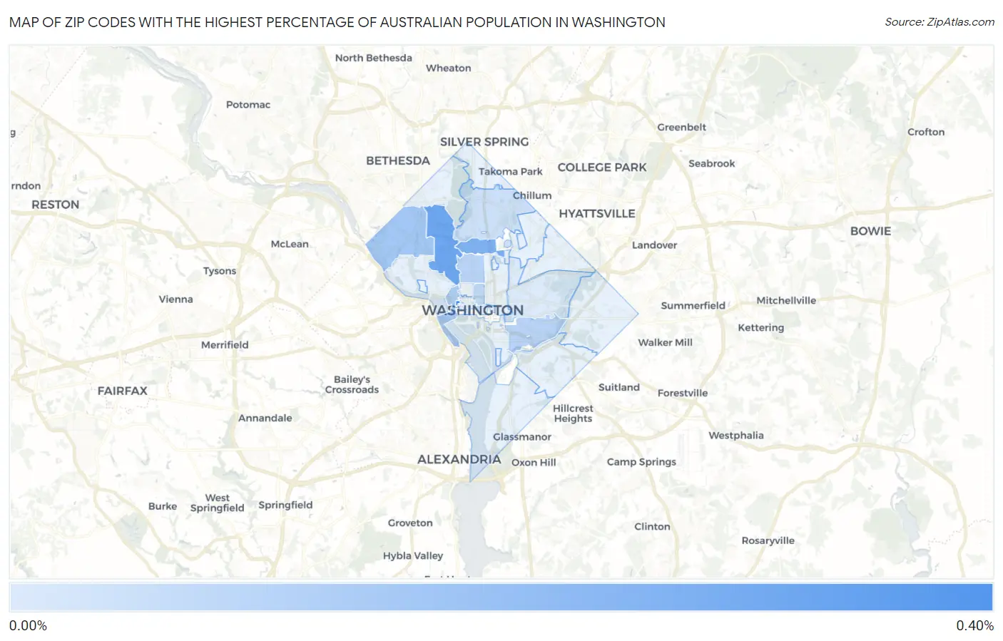 Zip Codes with the Highest Percentage of Australian Population in Washington Map