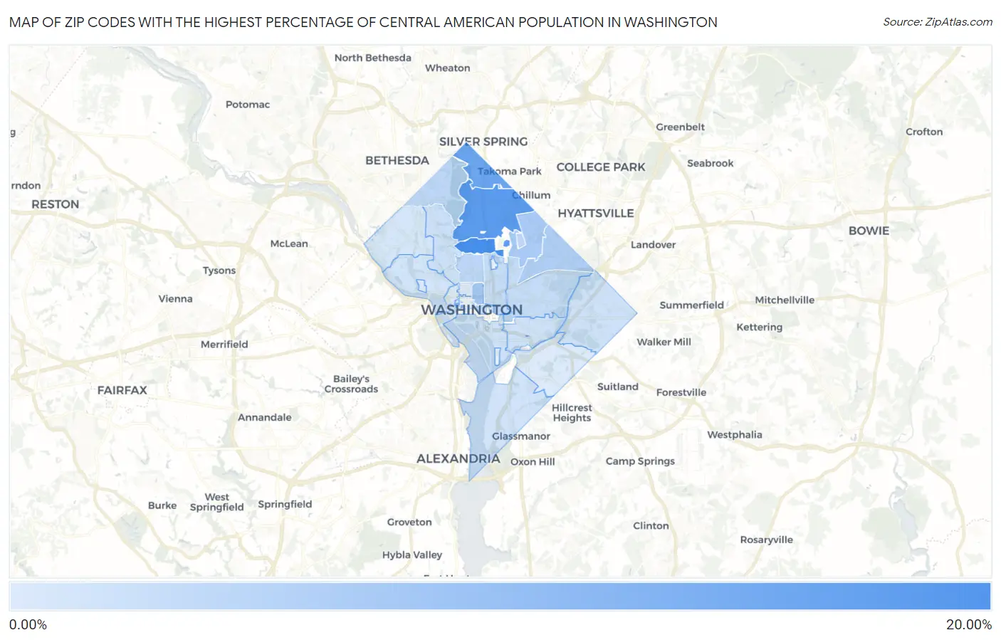 Zip Codes with the Highest Percentage of Central American Population in Washington Map