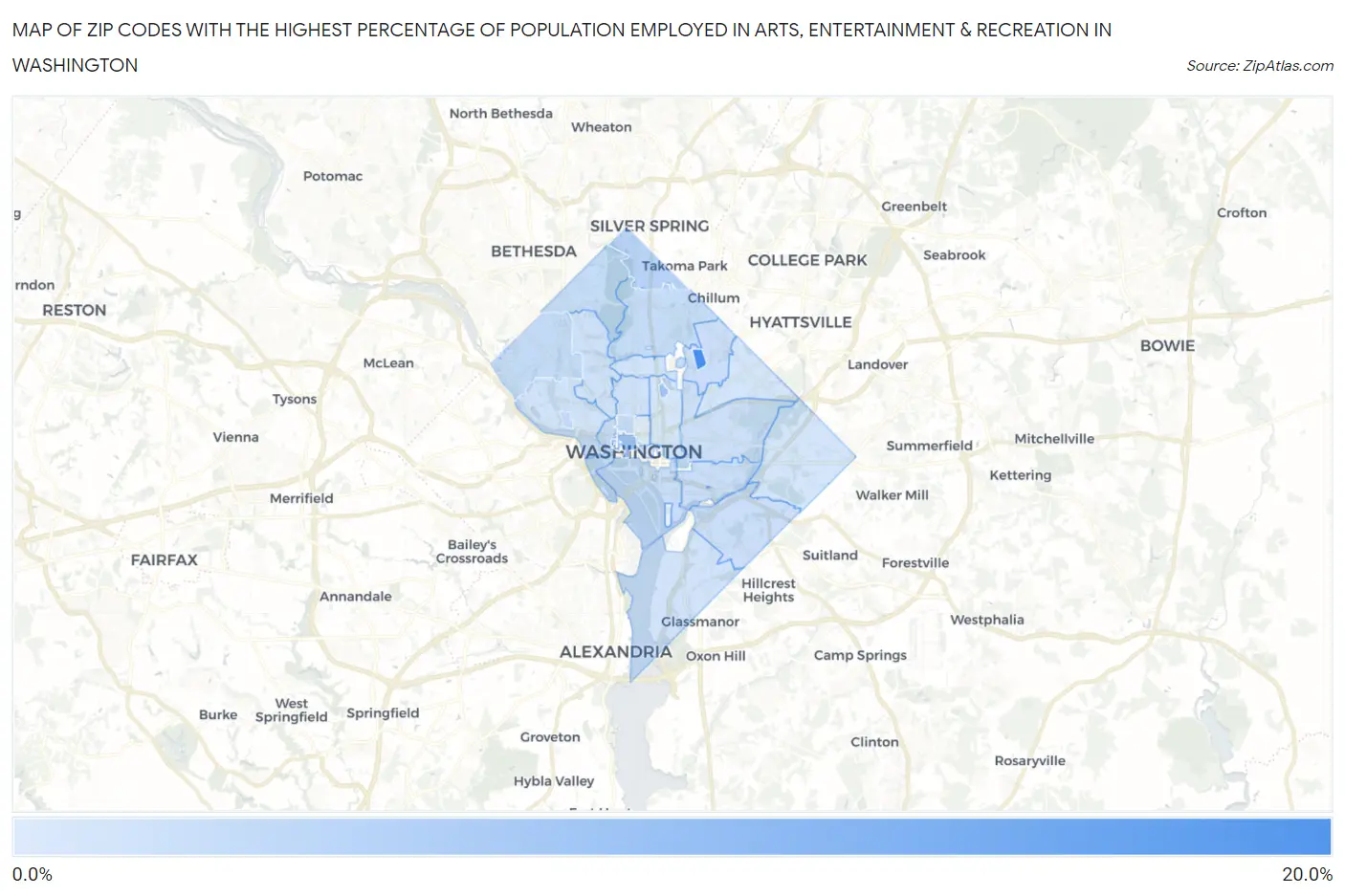 Zip Codes with the Highest Percentage of Population Employed in Arts, Entertainment & Recreation in Washington Map