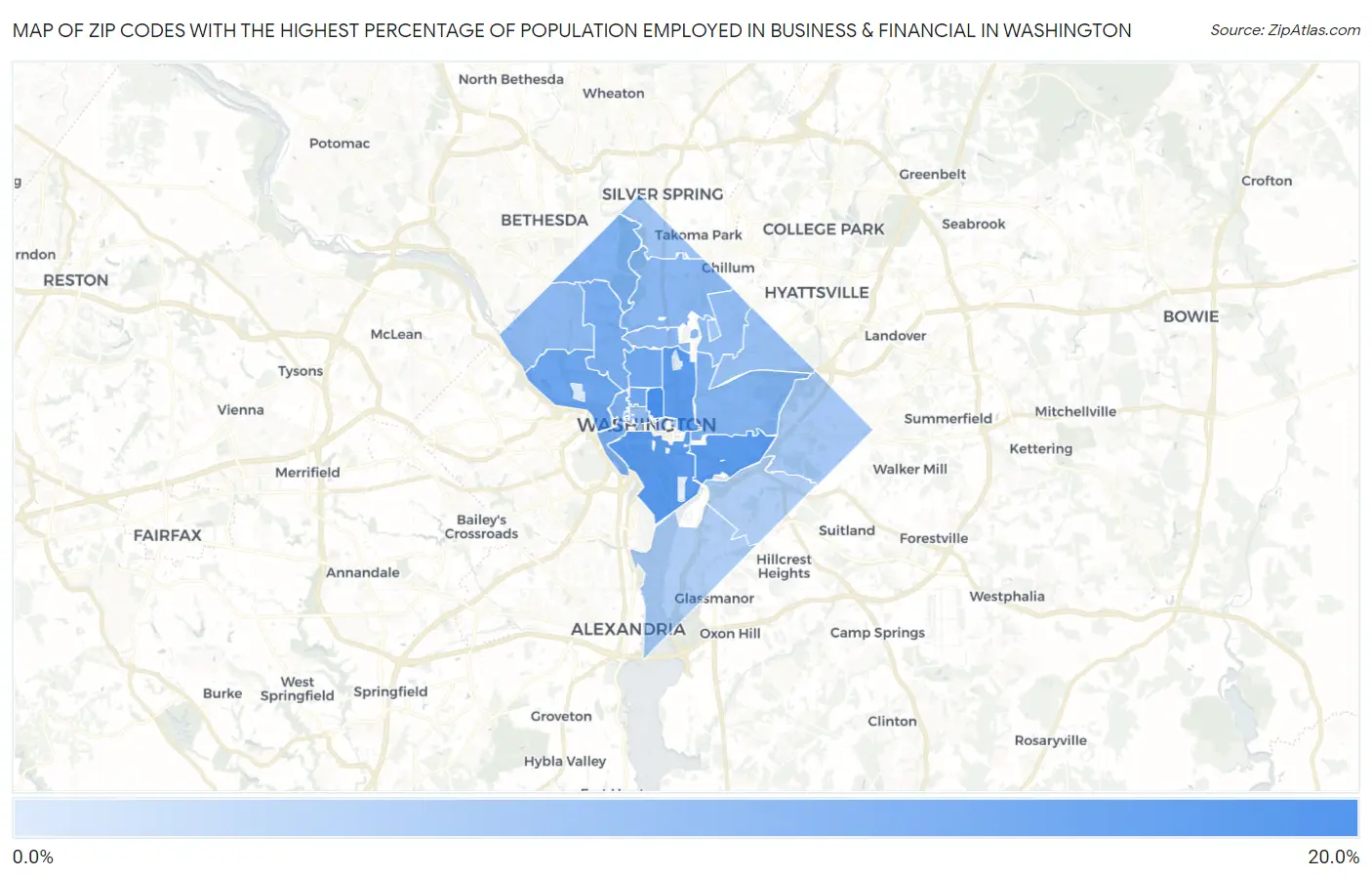 Zip Codes with the Highest Percentage of Population Employed in Business & Financial in Washington Map