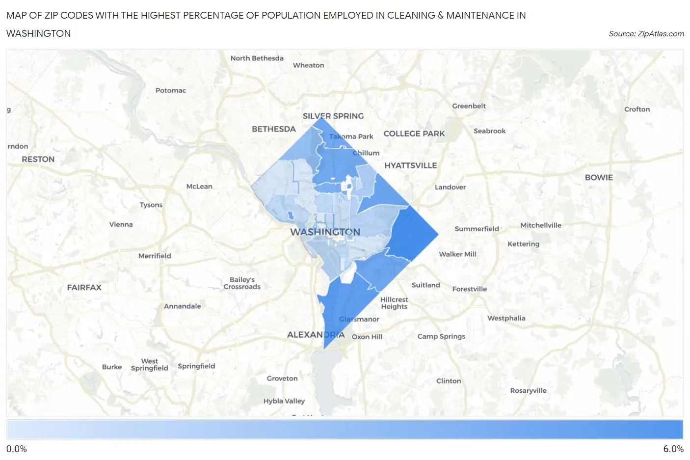 Zip Codes with the Highest Percentage of Population Employed in Cleaning & Maintenance in Washington Map