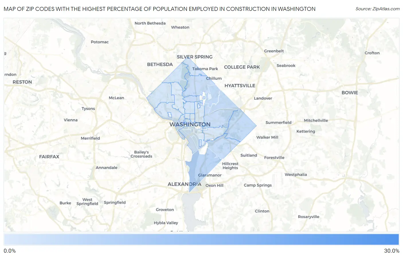 Zip Codes with the Highest Percentage of Population Employed in Construction in Washington Map