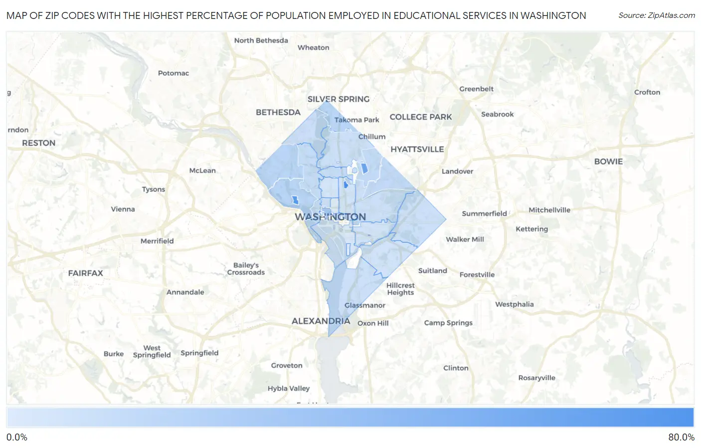 Zip Codes with the Highest Percentage of Population Employed in Educational Services in Washington Map