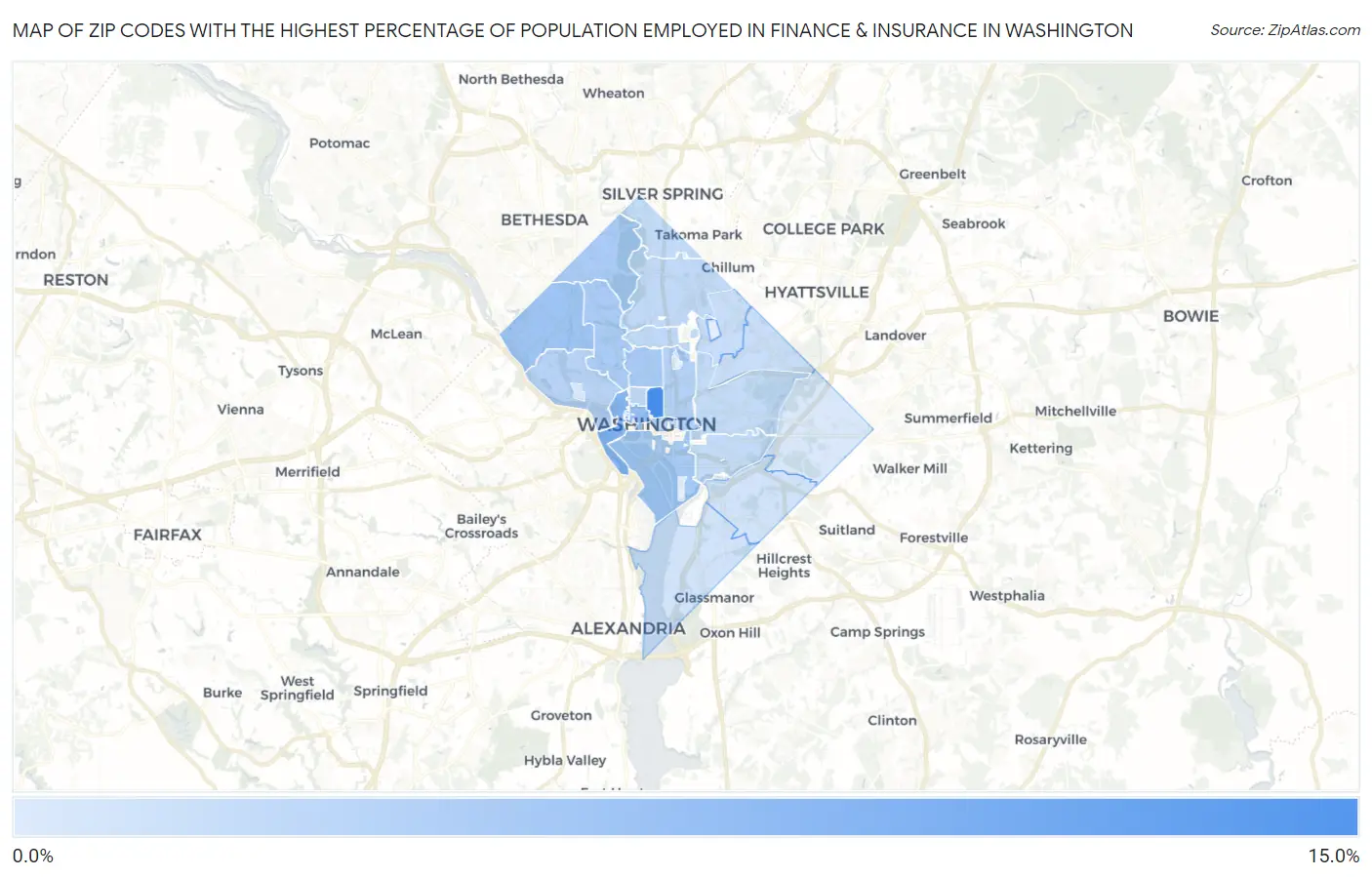 Zip Codes with the Highest Percentage of Population Employed in Finance & Insurance in Washington Map