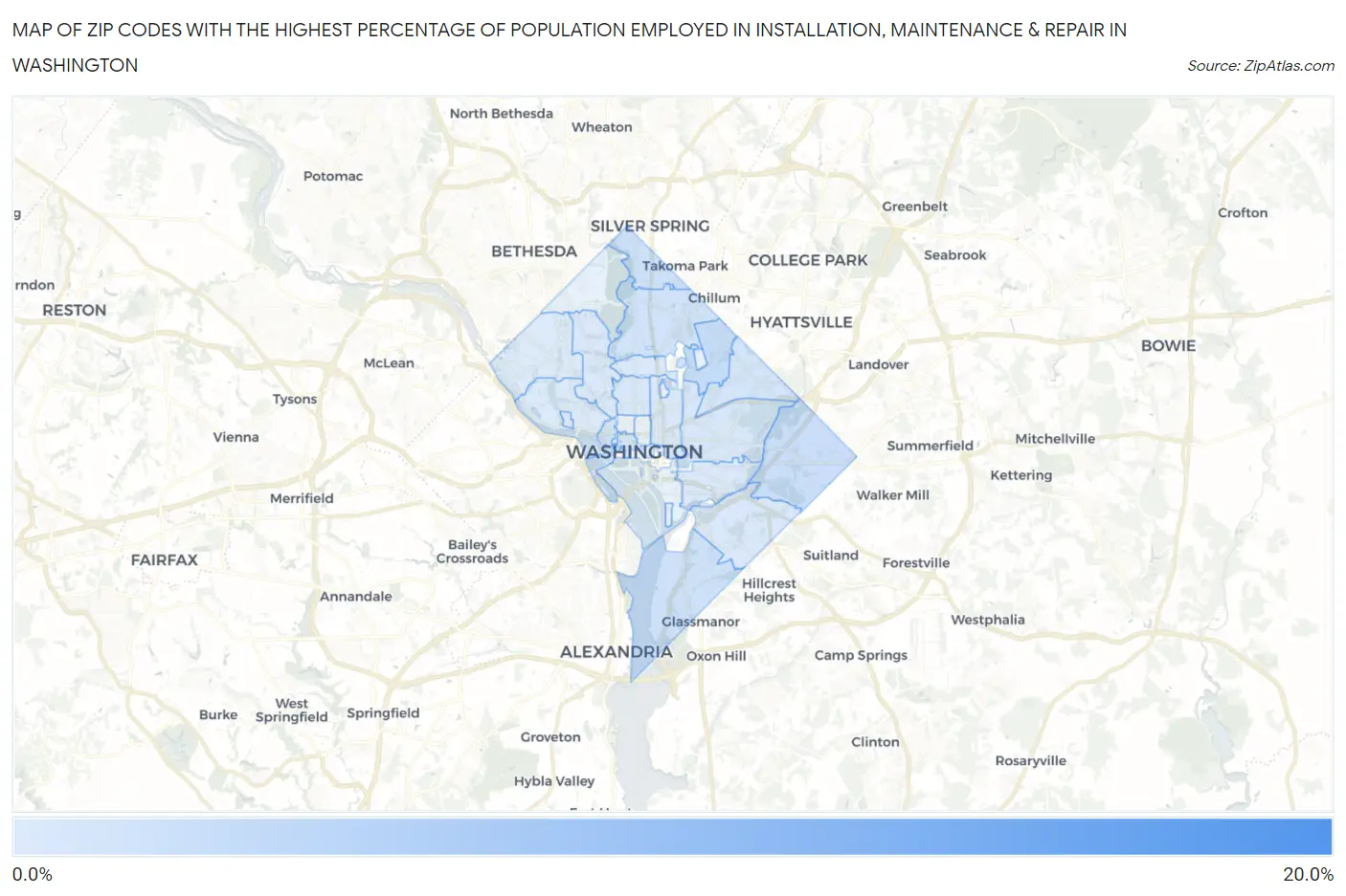 Zip Codes with the Highest Percentage of Population Employed in Installation, Maintenance & Repair in Washington Map