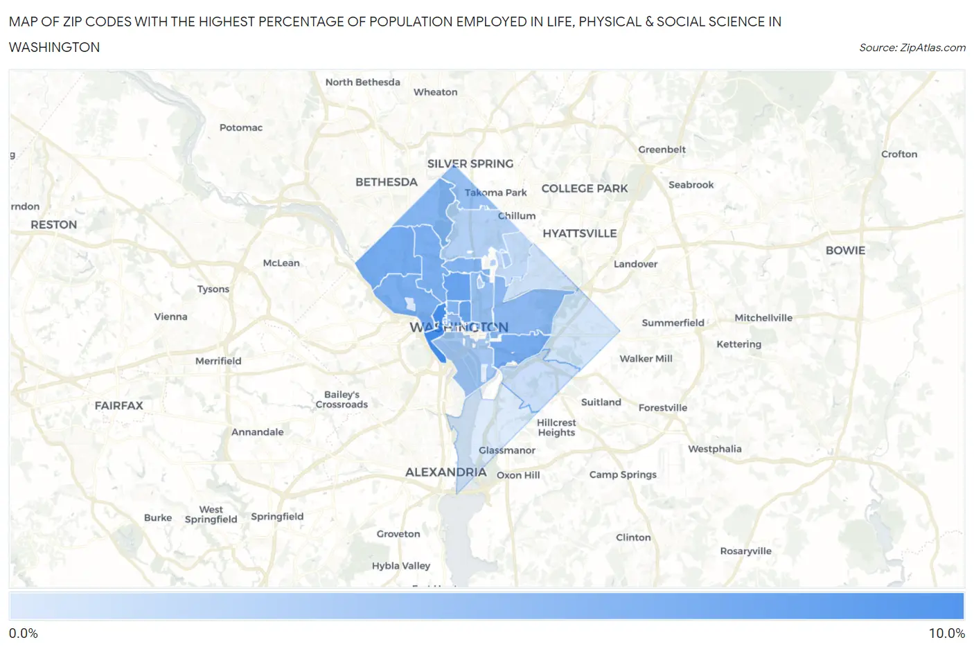 Zip Codes with the Highest Percentage of Population Employed in Life, Physical & Social Science in Washington Map