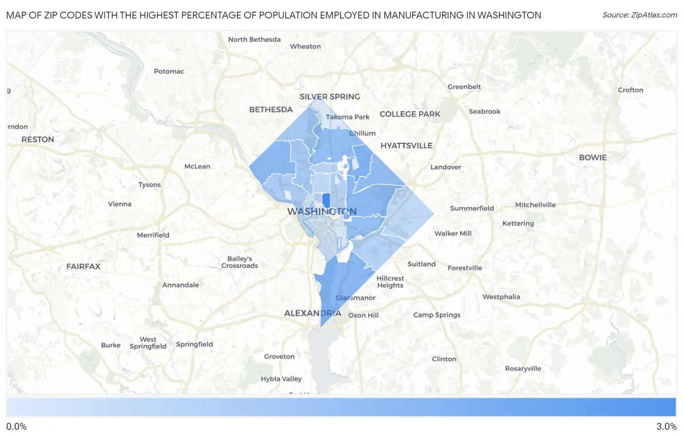 Zip Codes with the Highest Percentage of Population Employed in Manufacturing in Washington Map