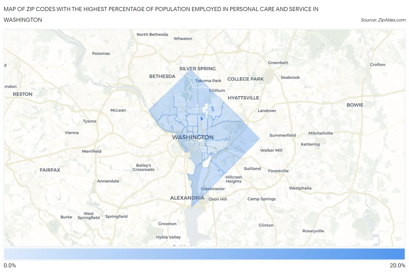 Zip Codes with the Highest Percentage of Population Employed in Personal Care and Service in Washington Map