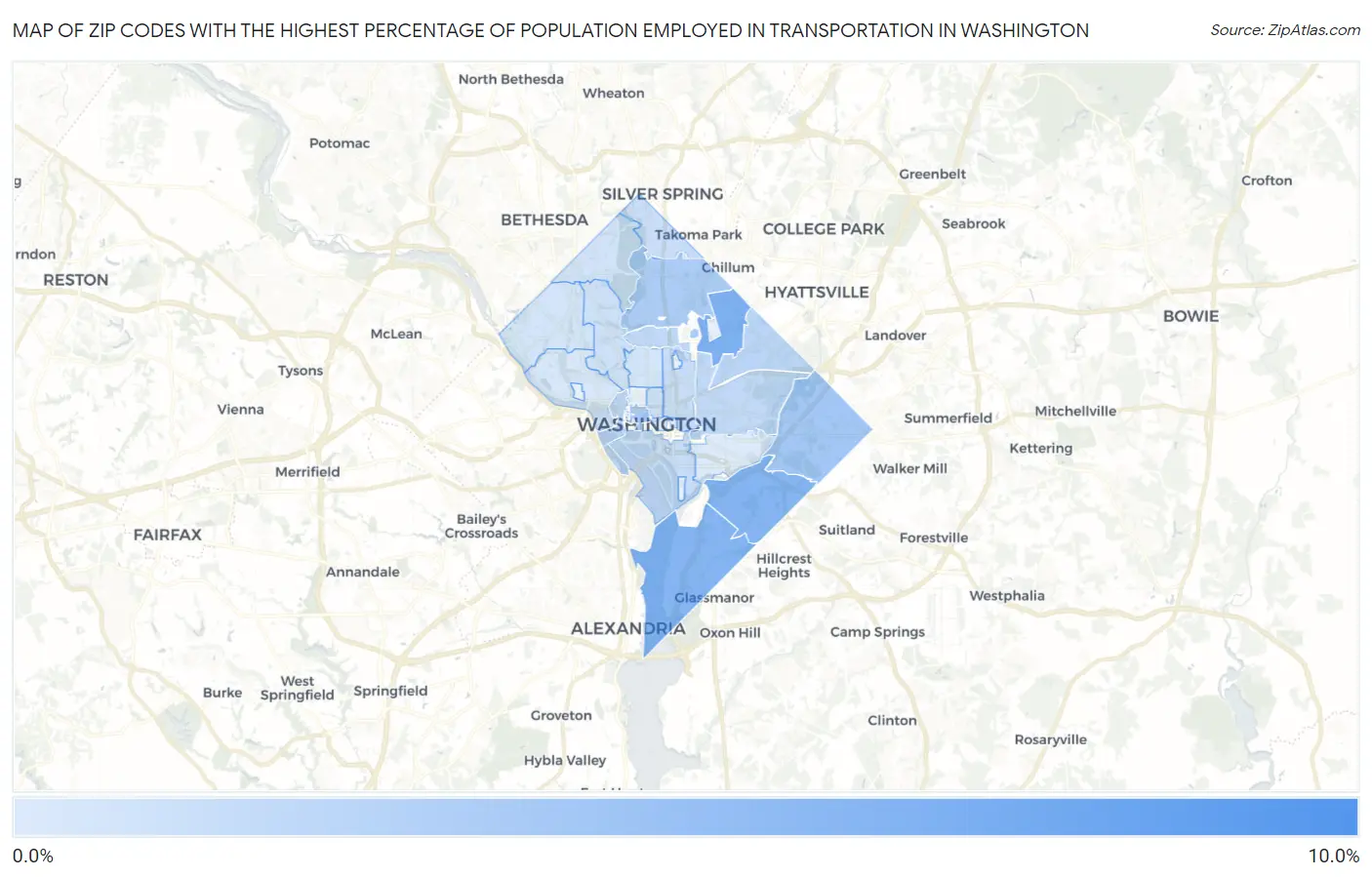 Zip Codes with the Highest Percentage of Population Employed in Transportation in Washington Map