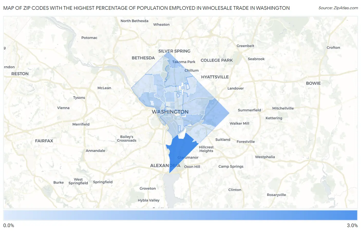 Zip Codes with the Highest Percentage of Population Employed in Wholesale Trade in Washington Map