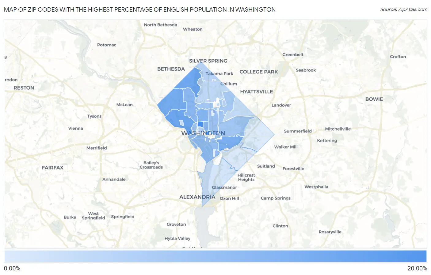 Zip Codes with the Highest Percentage of English Population in Washington Map