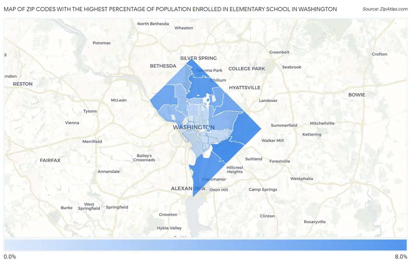 Zip Codes with the Highest Percentage of Population Enrolled in Elementary School in Washington Map