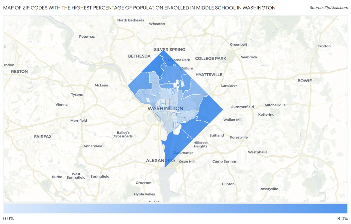 Zip Codes with the Highest Percentage of Population Enrolled in Middle School in Washington Map