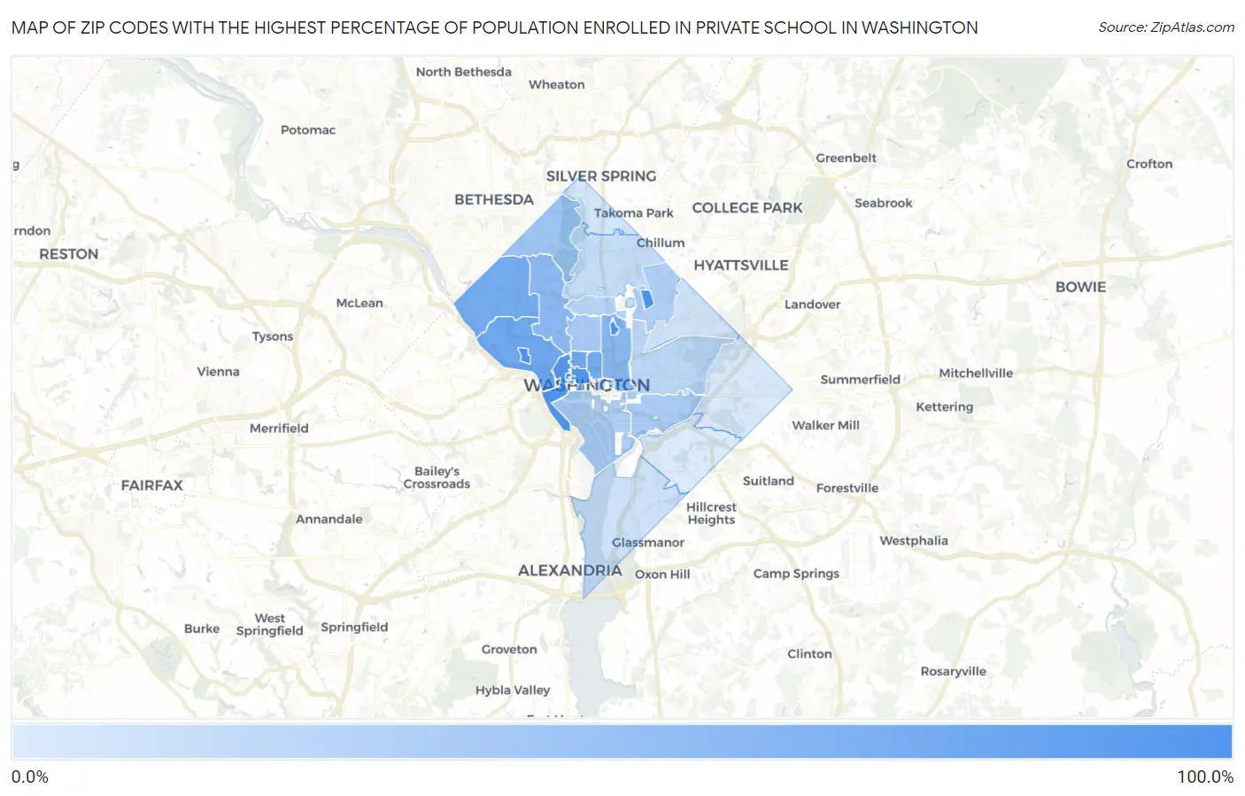 Zip Codes with the Highest Percentage of Population Enrolled in Private School in Washington Map