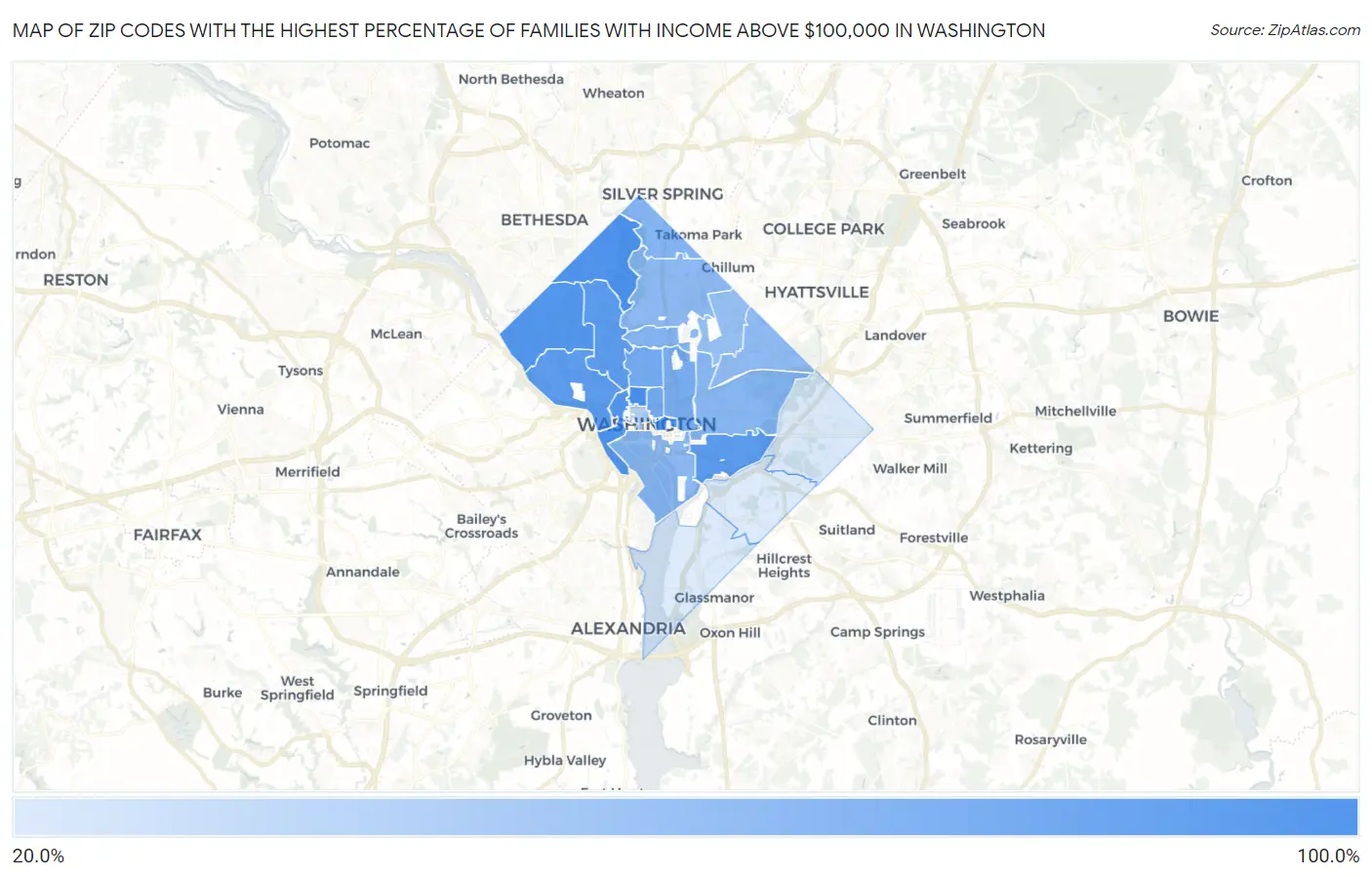 Zip Codes with the Highest Percentage of Families with Income Above $100,000 in Washington Map