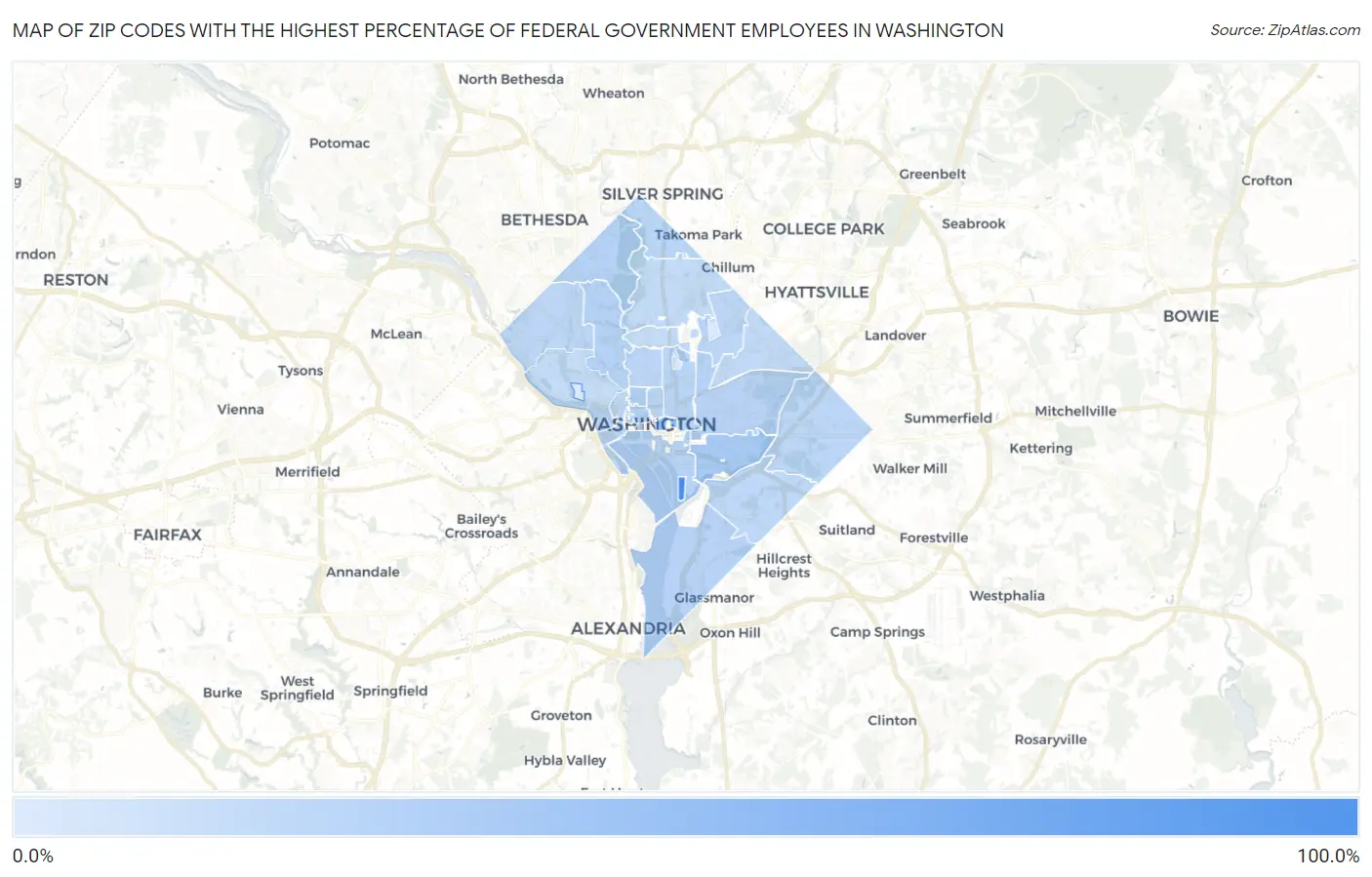 Zip Codes with the Highest Percentage of Federal Government Employees in Washington Map