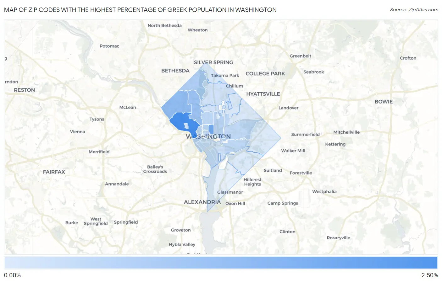Zip Codes with the Highest Percentage of Greek Population in Washington Map