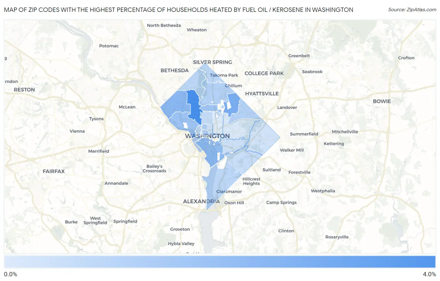 Zip Codes with the Highest Percentage of Households Heated by Fuel Oil / Kerosene in Washington Map