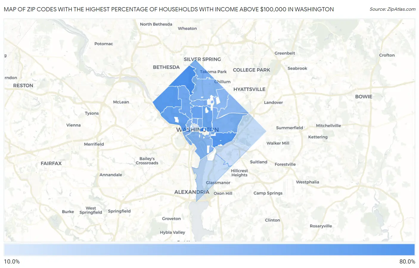 Zip Codes with the Highest Percentage of Households with Income Above $100,000 in Washington Map