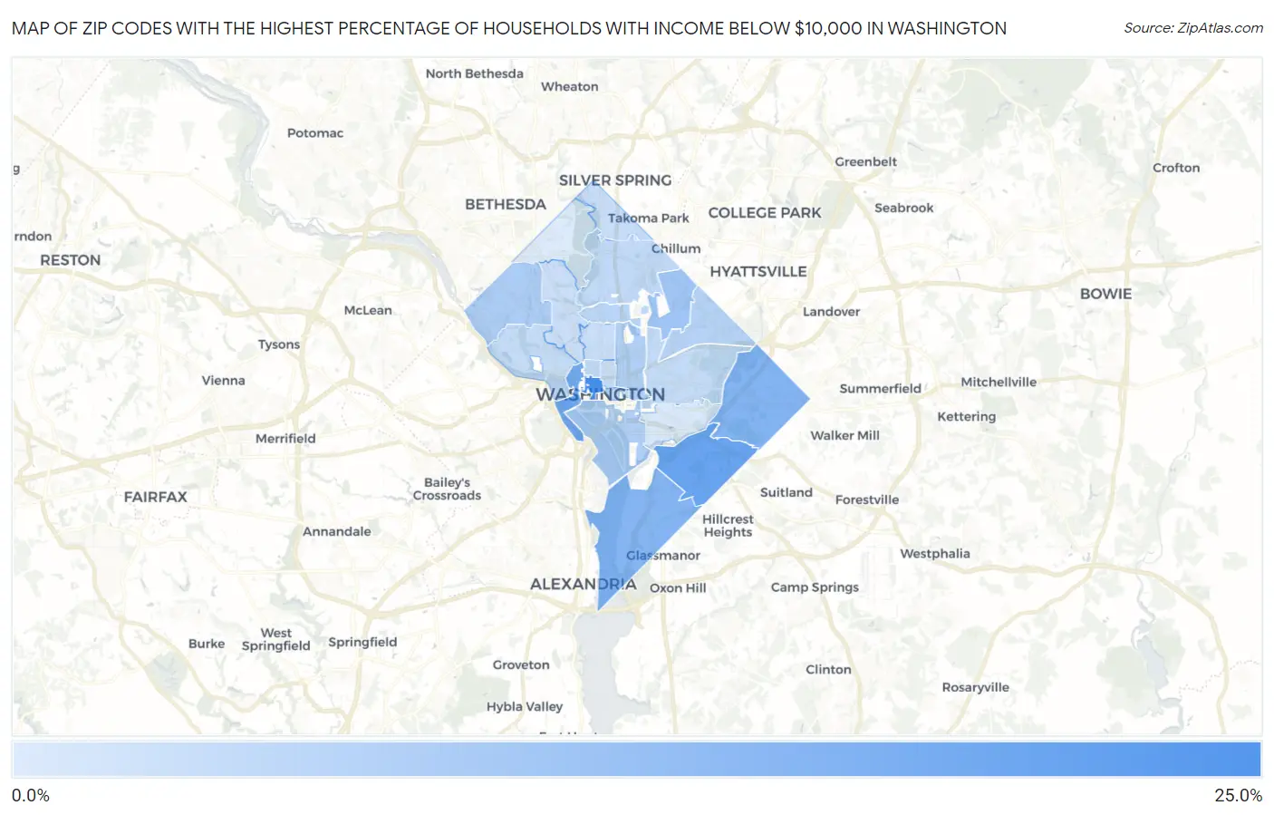 Zip Codes with the Highest Percentage of Households with Income Below $10,000 in Washington Map