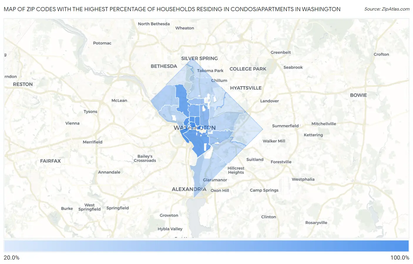 Zip Codes with the Highest Percentage of Households Residing in Condos/Apartments in Washington Map