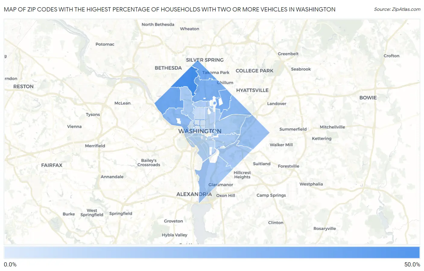 Zip Codes with the Highest Percentage of Households With Two or more Vehicles in Washington Map