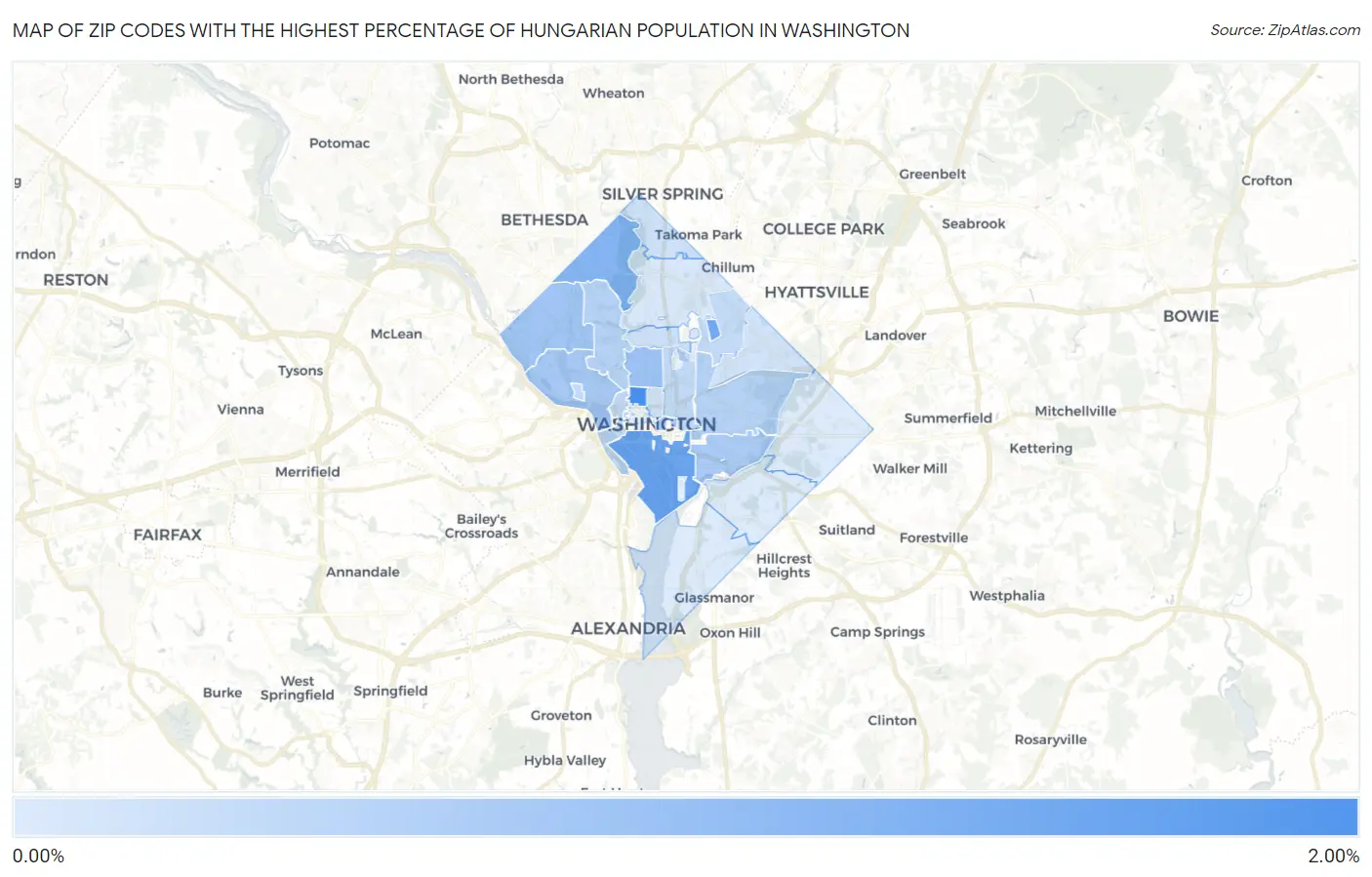 Zip Codes with the Highest Percentage of Hungarian Population in Washington Map