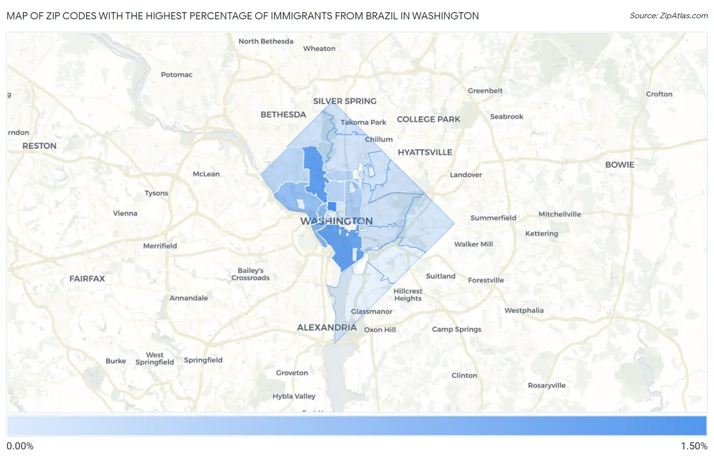 Zip Codes with the Highest Percentage of Immigrants from Brazil in Washington Map
