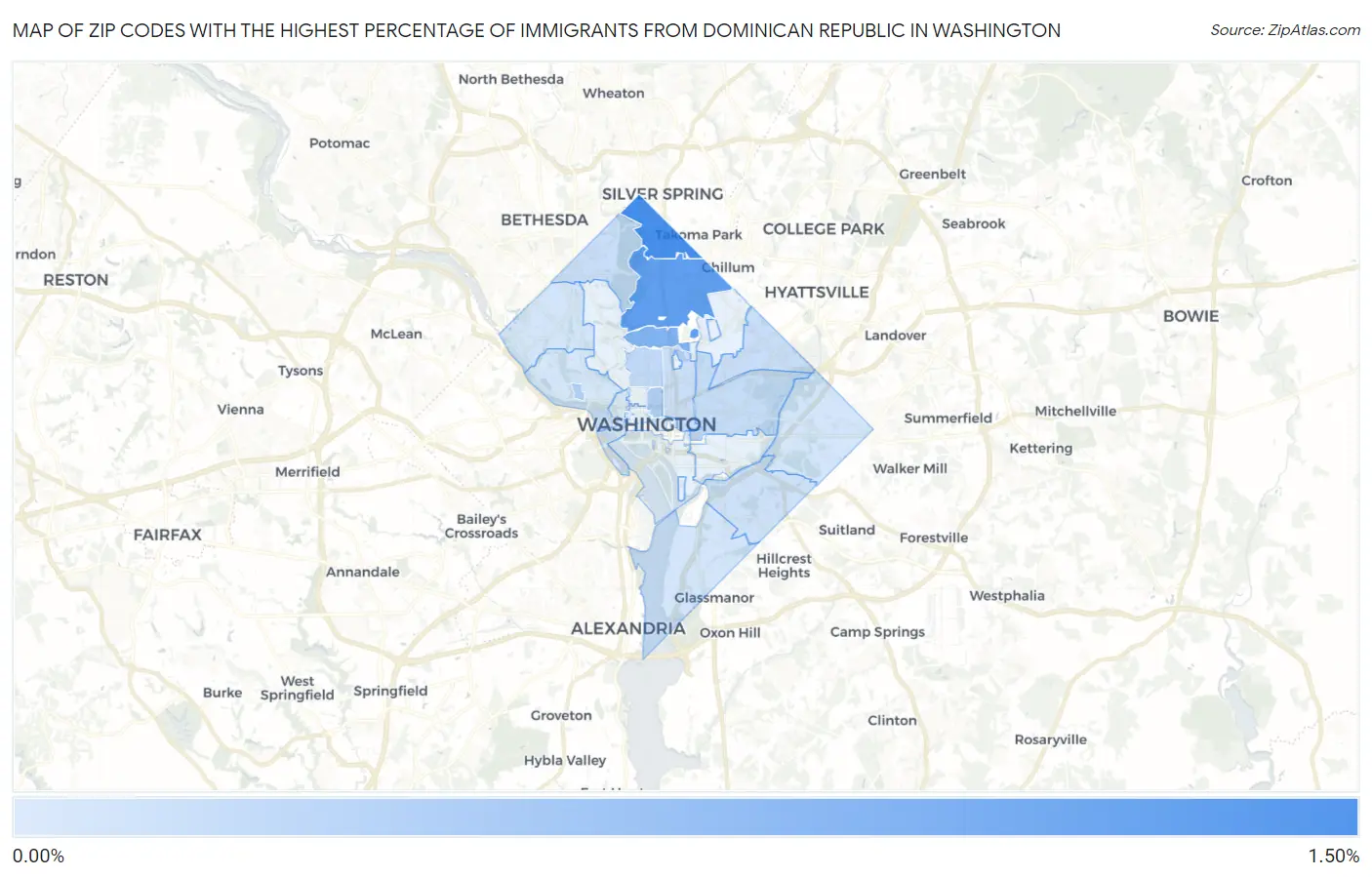 Zip Codes with the Highest Percentage of Immigrants from Dominican Republic in Washington Map