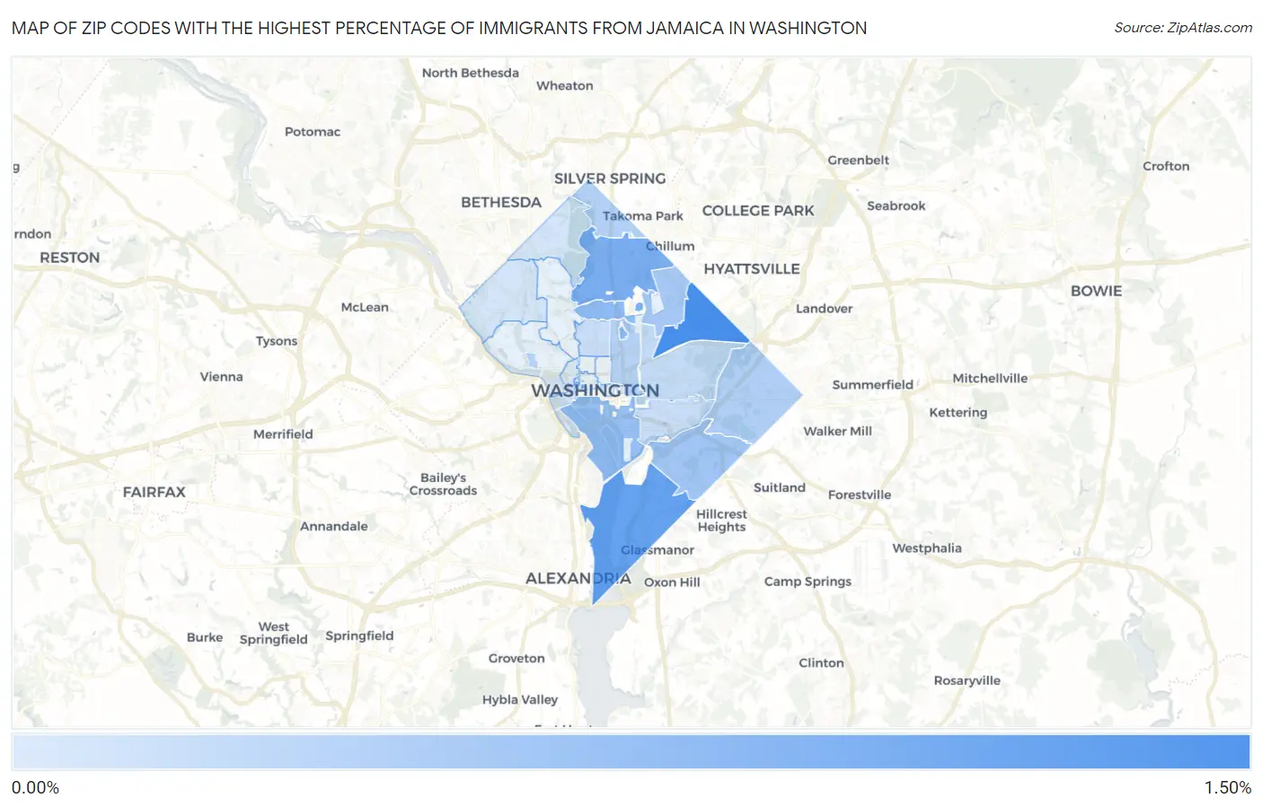 Zip Codes with the Highest Percentage of Immigrants from Jamaica in Washington Map