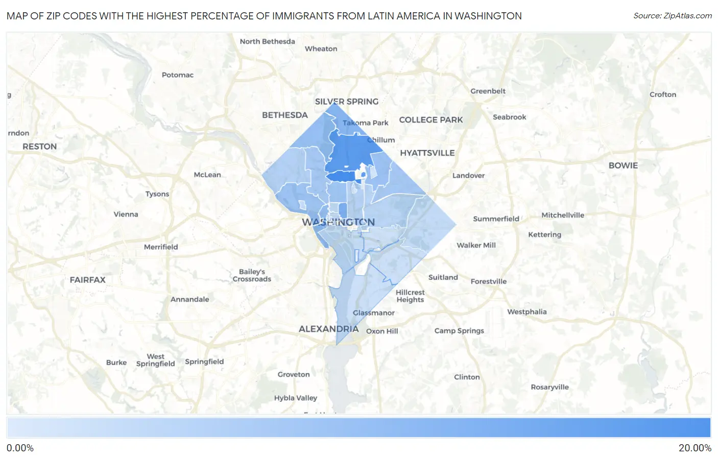 Zip Codes with the Highest Percentage of Immigrants from Latin America in Washington Map
