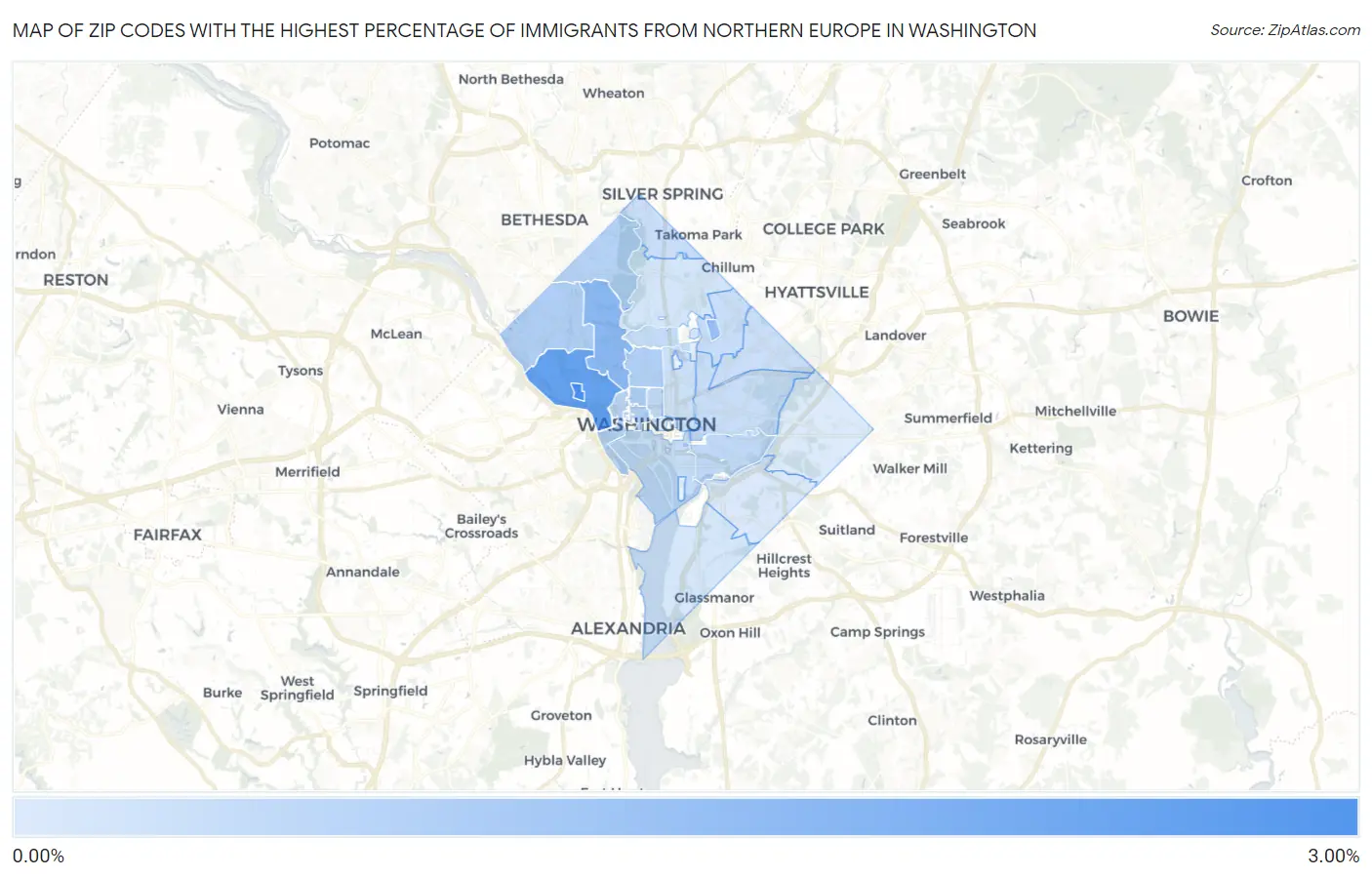 Zip Codes with the Highest Percentage of Immigrants from Northern Europe in Washington Map