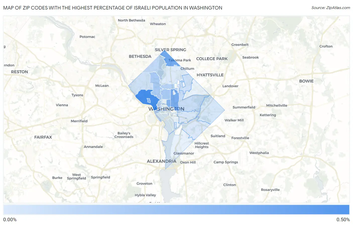 Zip Codes with the Highest Percentage of Israeli Population in Washington Map