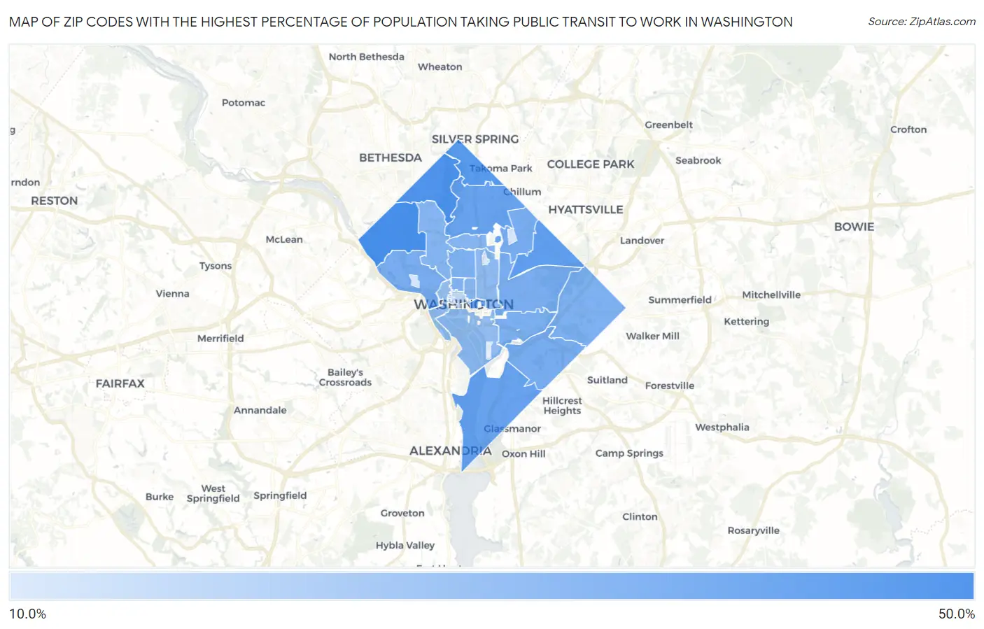Zip Codes with the Highest Percentage of Population Taking Public Transit to Work in Washington Map