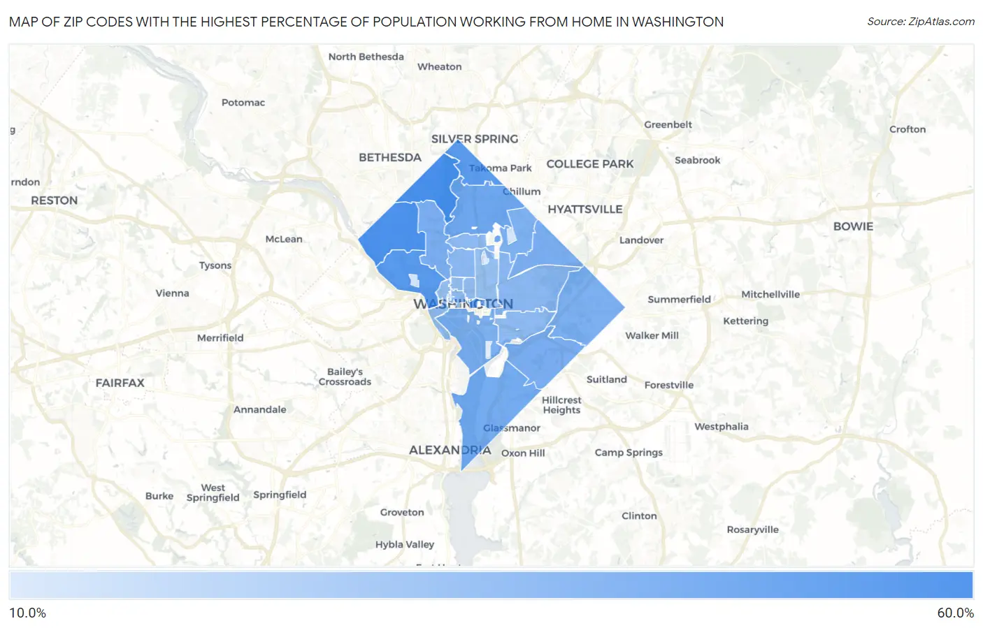 Zip Codes with the Highest Percentage of Population Working from Home in Washington Map