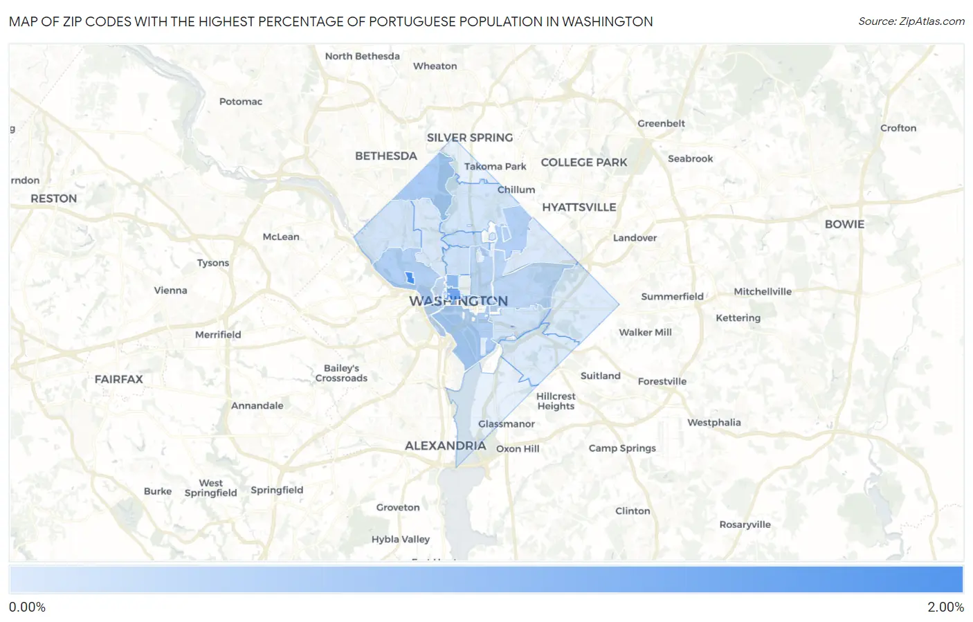 Zip Codes with the Highest Percentage of Portuguese Population in Washington Map