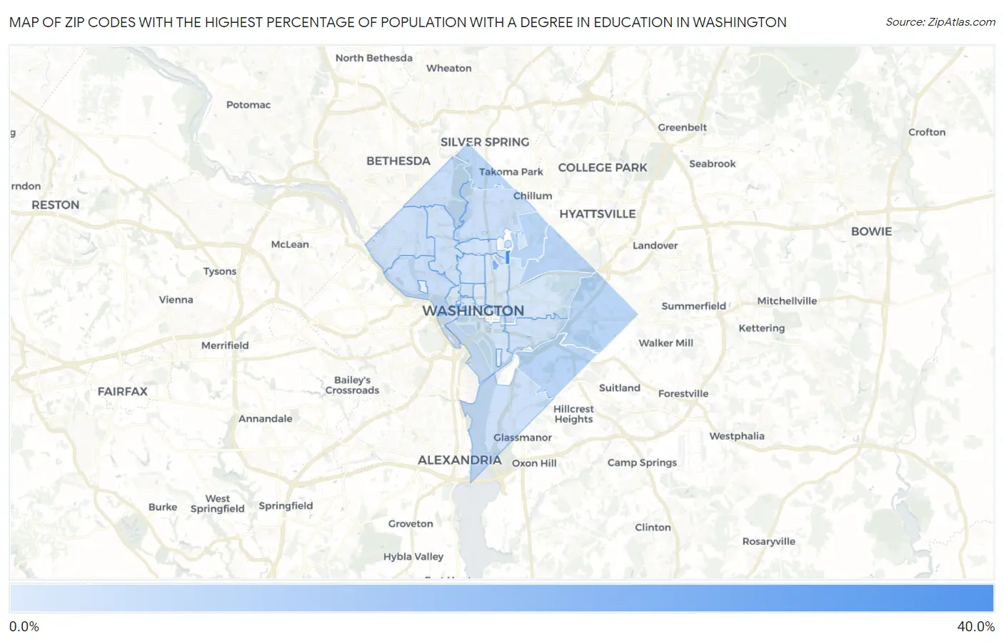 Zip Codes with the Highest Percentage of Population with a Degree in Education in Washington Map