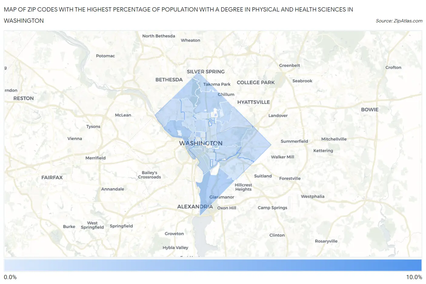 Zip Codes with the Highest Percentage of Population with a Degree in Physical and Health Sciences in Washington Map
