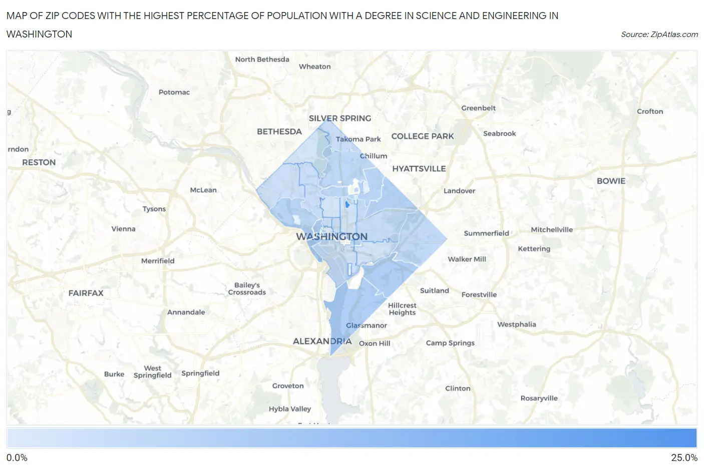 Zip Codes with the Highest Percentage of Population with a Degree in Science and Engineering in Washington Map