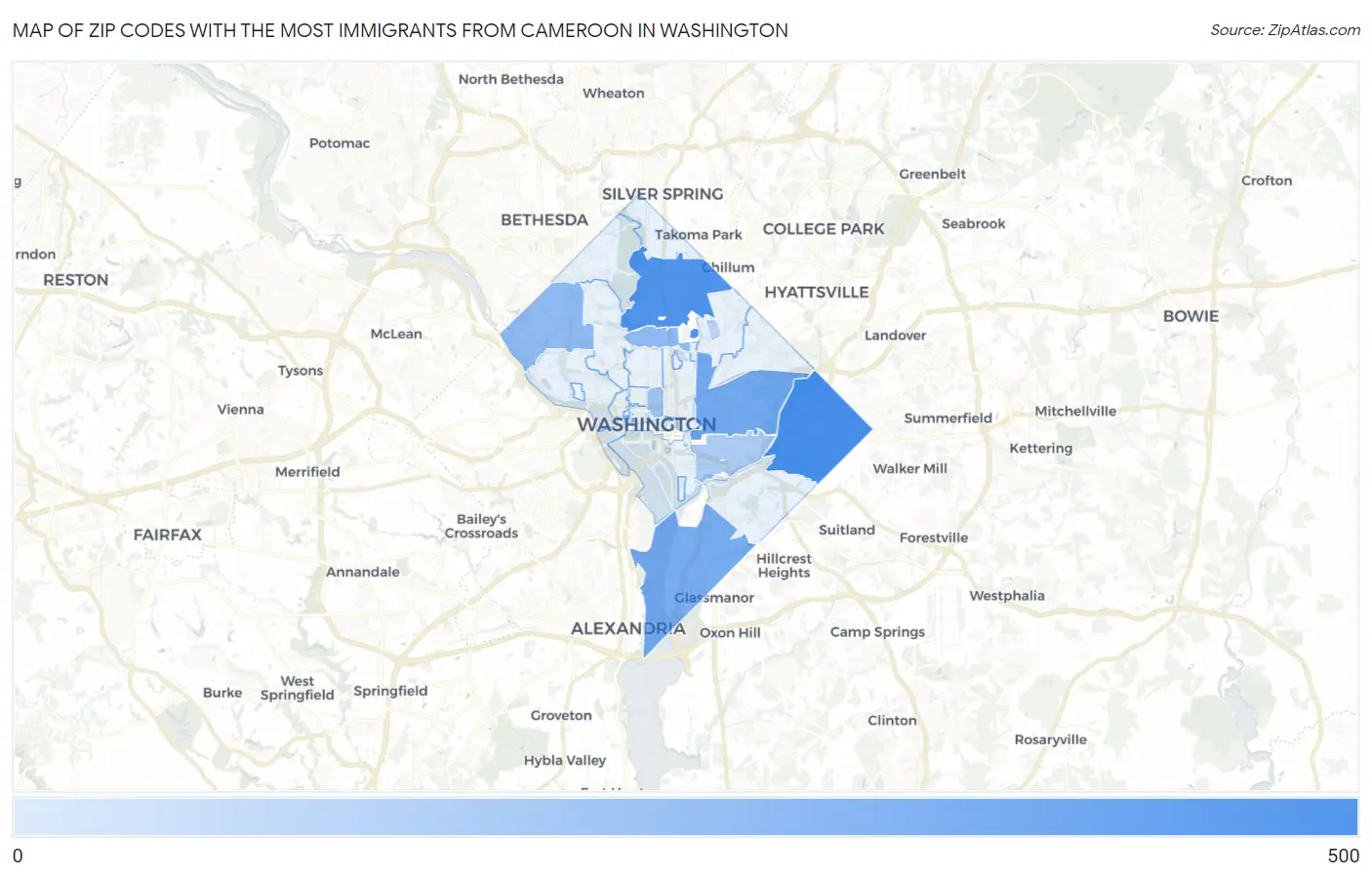 Zip Codes with the Most Immigrants from Cameroon in Washington Map