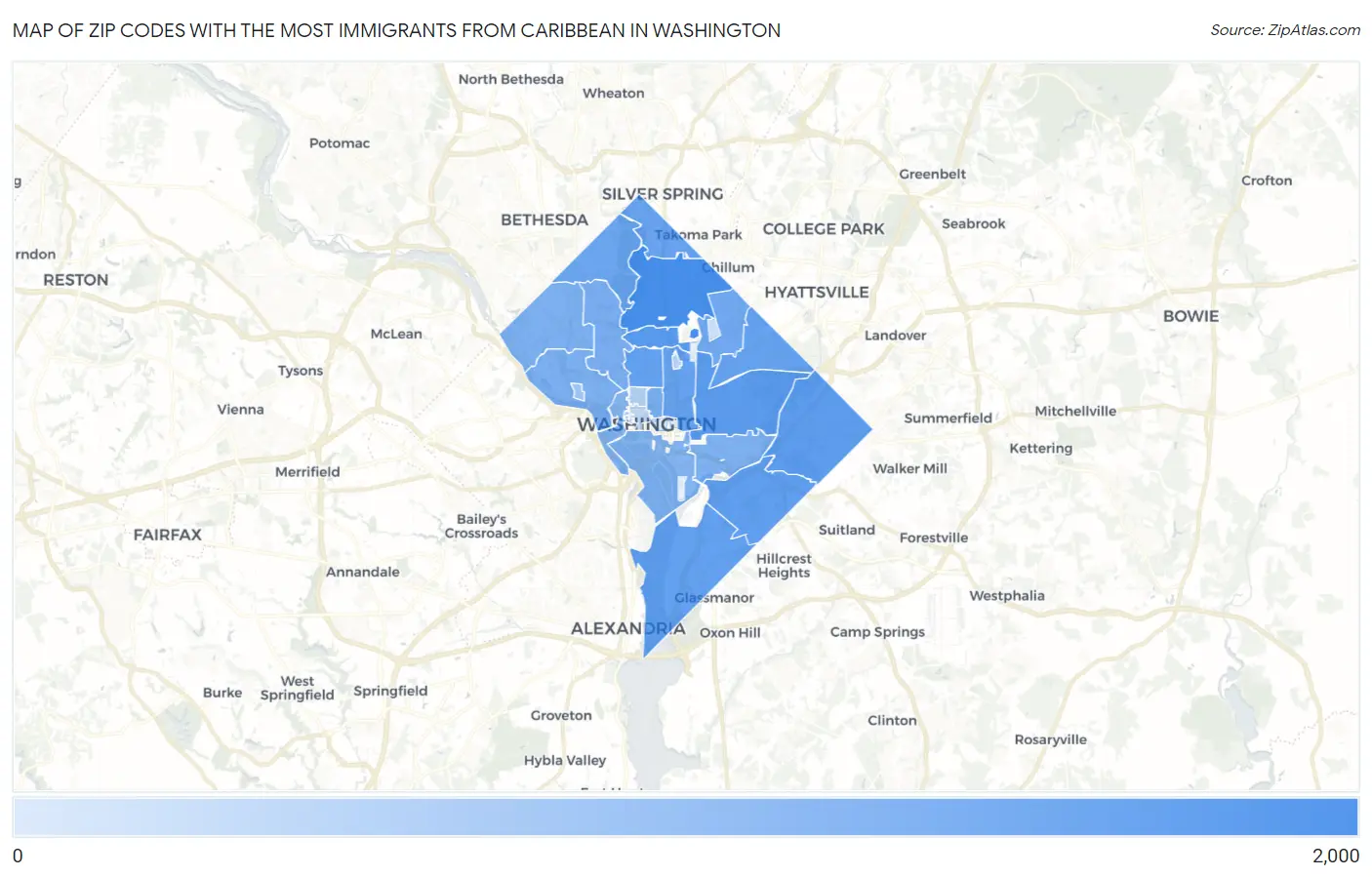 Zip Codes with the Most Immigrants from Caribbean in Washington Map