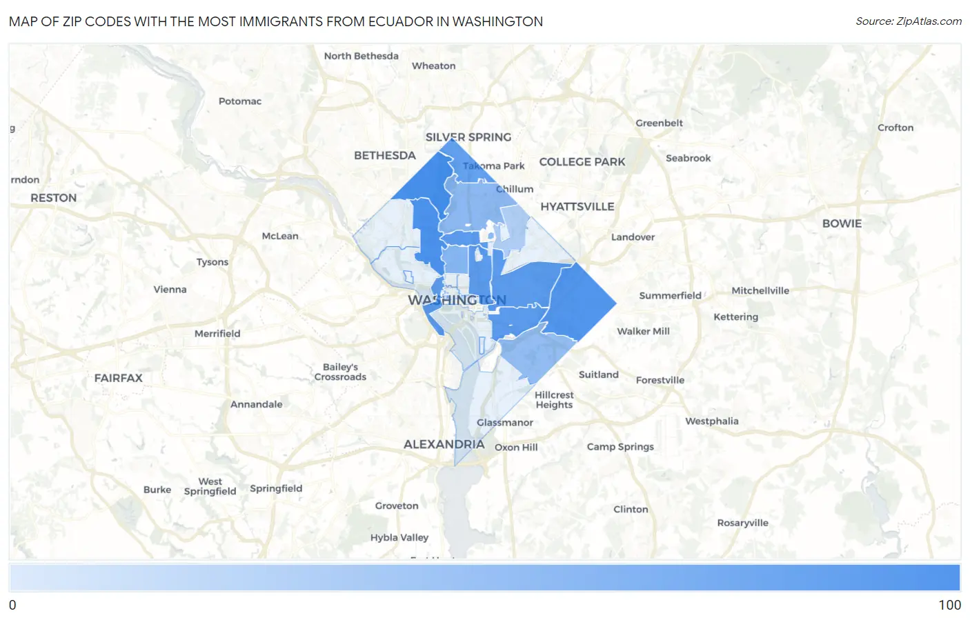 Zip Codes with the Most Immigrants from Ecuador in Washington Map