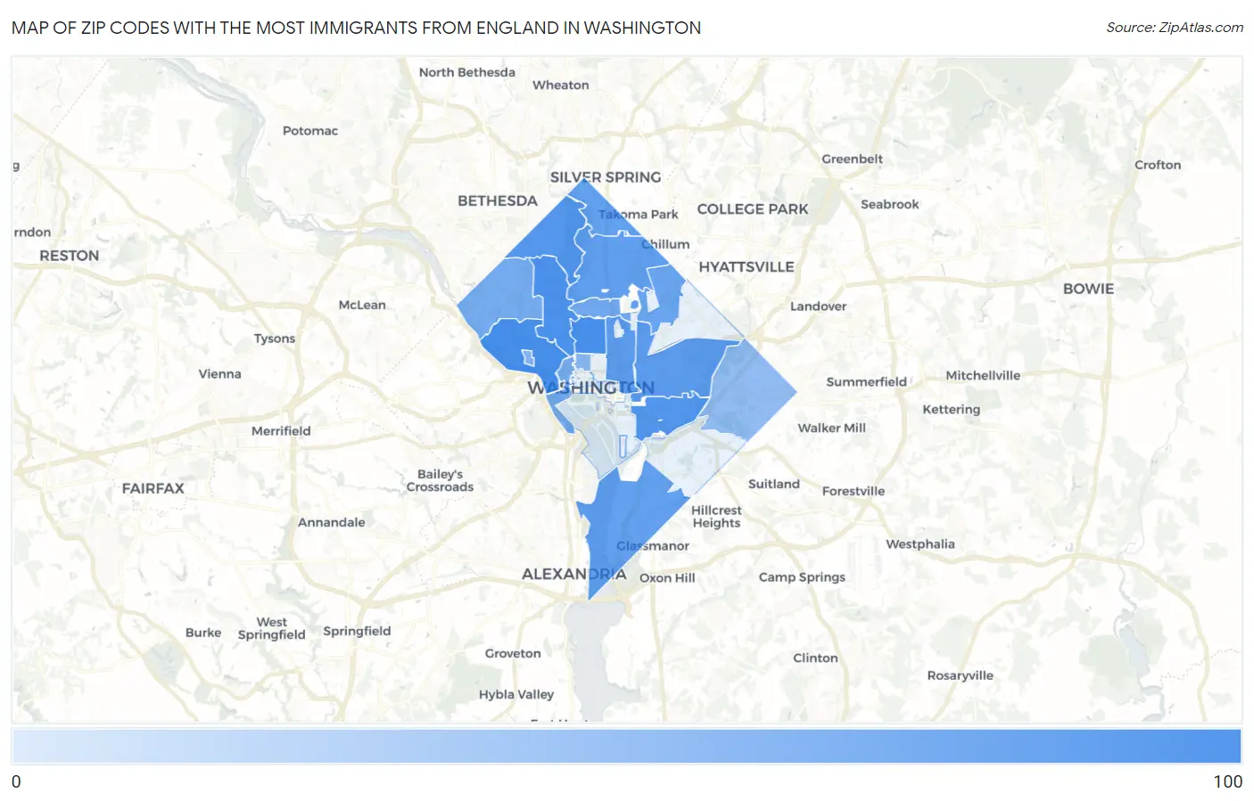 Zip Codes with the Most Immigrants from England in Washington Map