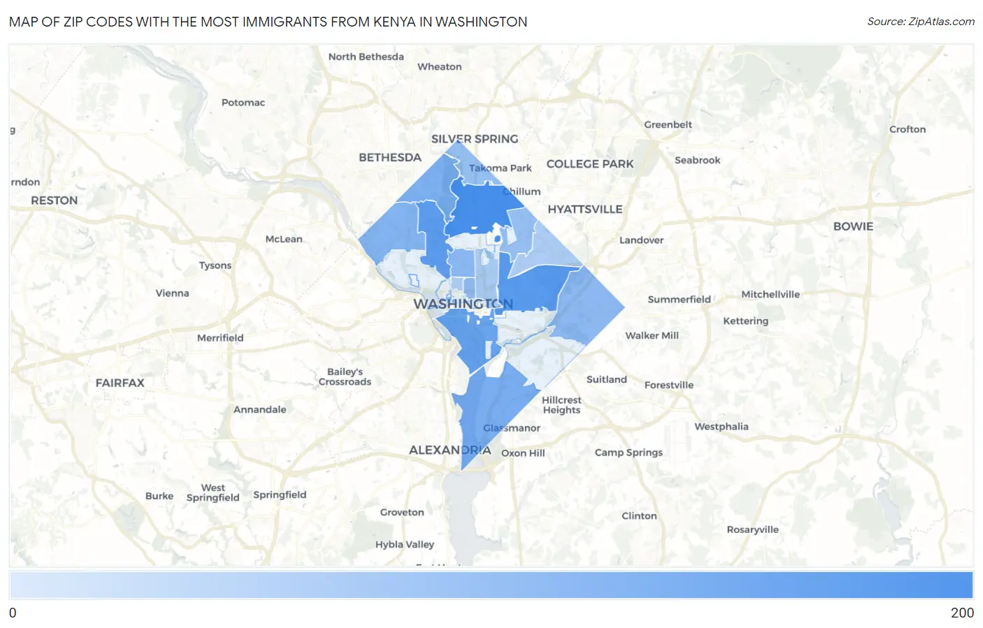 Zip Codes with the Most Immigrants from Kenya in Washington Map