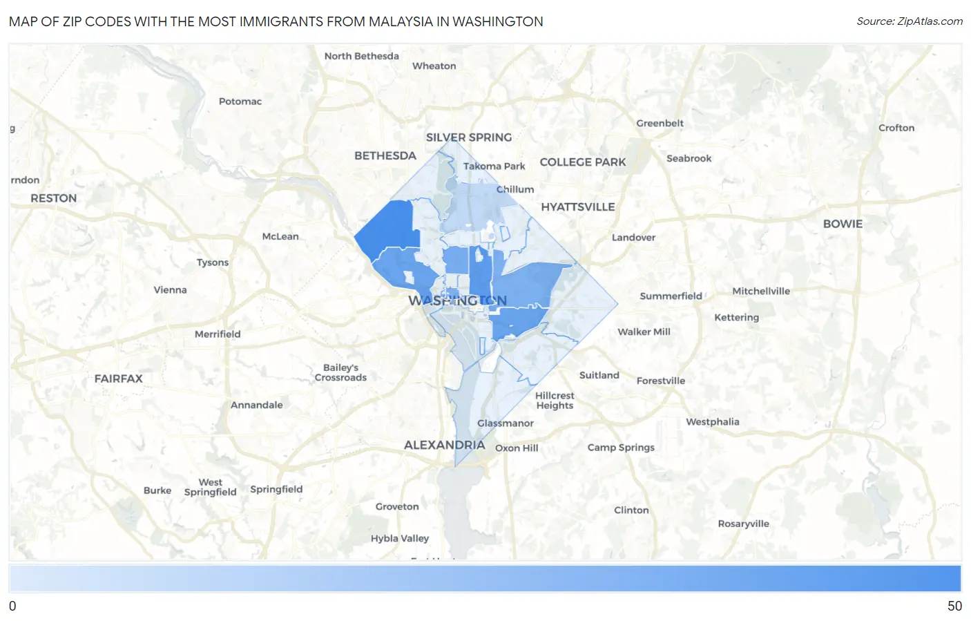 Zip Codes with the Most Immigrants from Malaysia in Washington Map